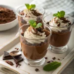 Chocolate mousse in cups with whipped cream, chocolate shavings, and mint leaf
