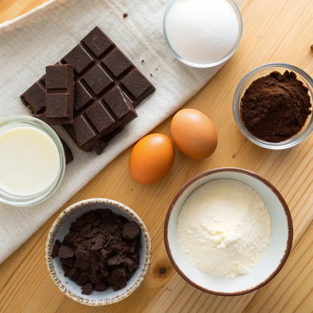 Rich and Creamy Chocolate Mousse Dessert 6 Overhead flat lay of ingredients for chocolate mousse