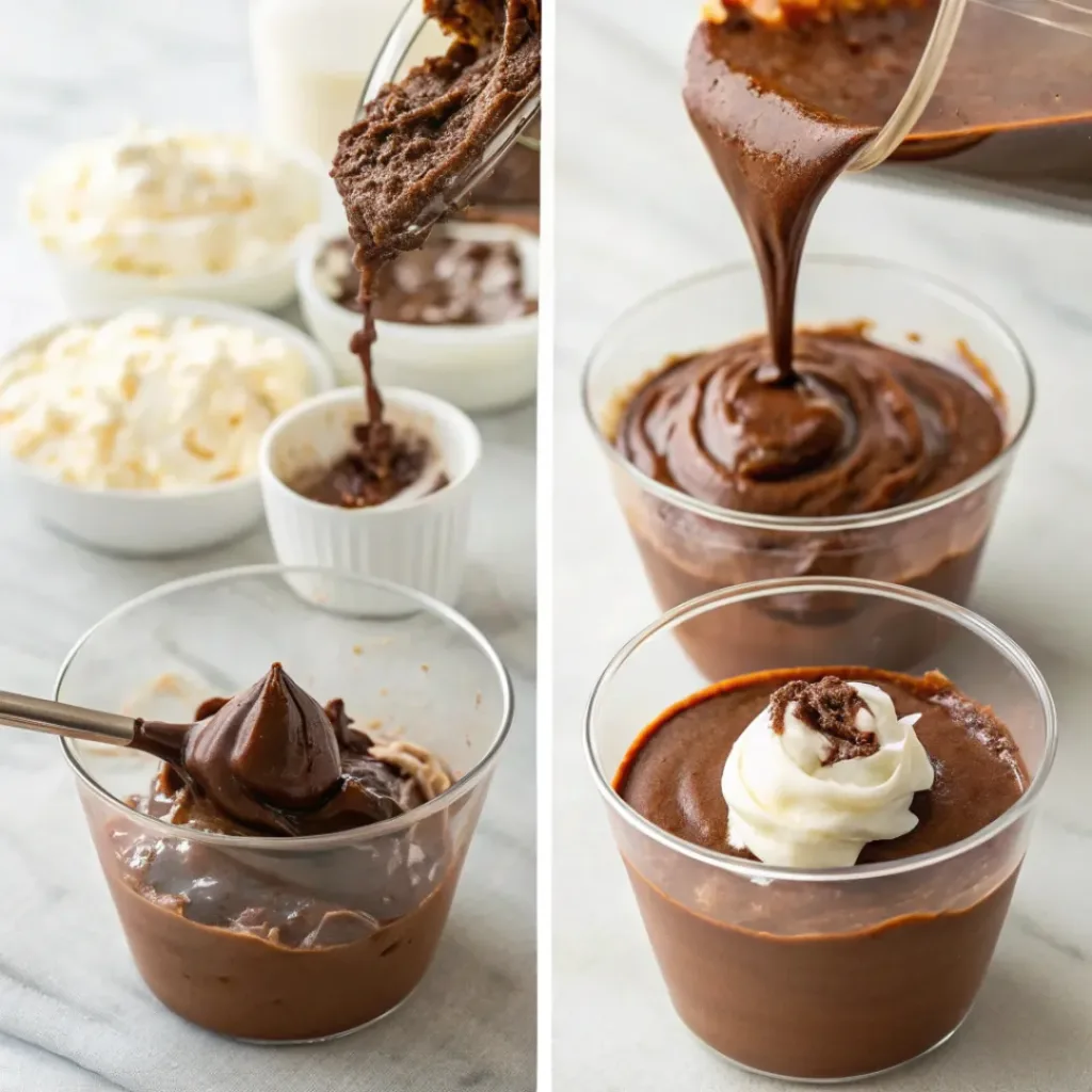 Rich and Creamy Chocolate Mousse Dessert 7 Step-by-step collage showing preparation of chocolate mousse