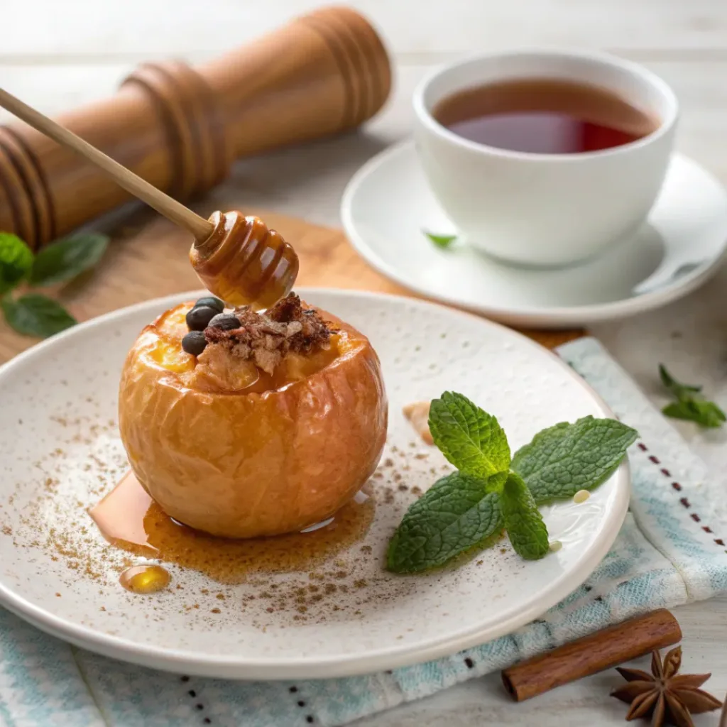 Cinnamon Baked Apples – Warm and Cozy Dessert 8 Baked cinnamon apple served on a plate with honey drizzle