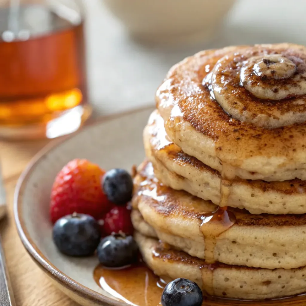 Plated Cinnamon Roll Pancakes served with syrup and berries