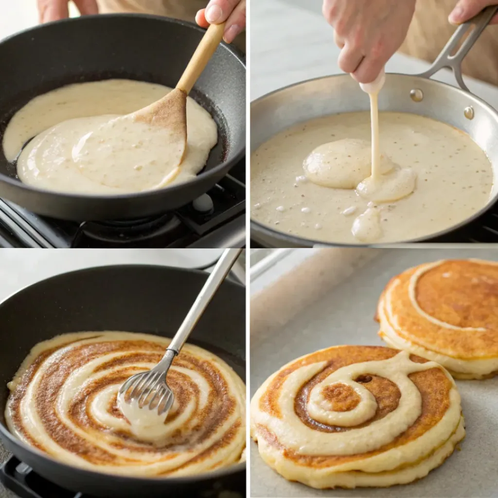 Collage showing steps for making Cinnamon Roll Pancakes