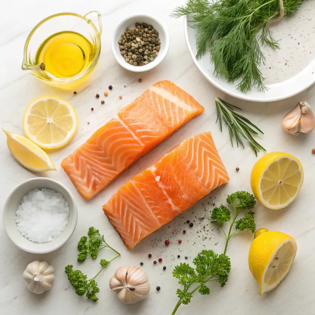 Baked Citrus Herb Salmon 6 Flat lay of salmon, citrus fruits, herbs, garlic, and olive oil