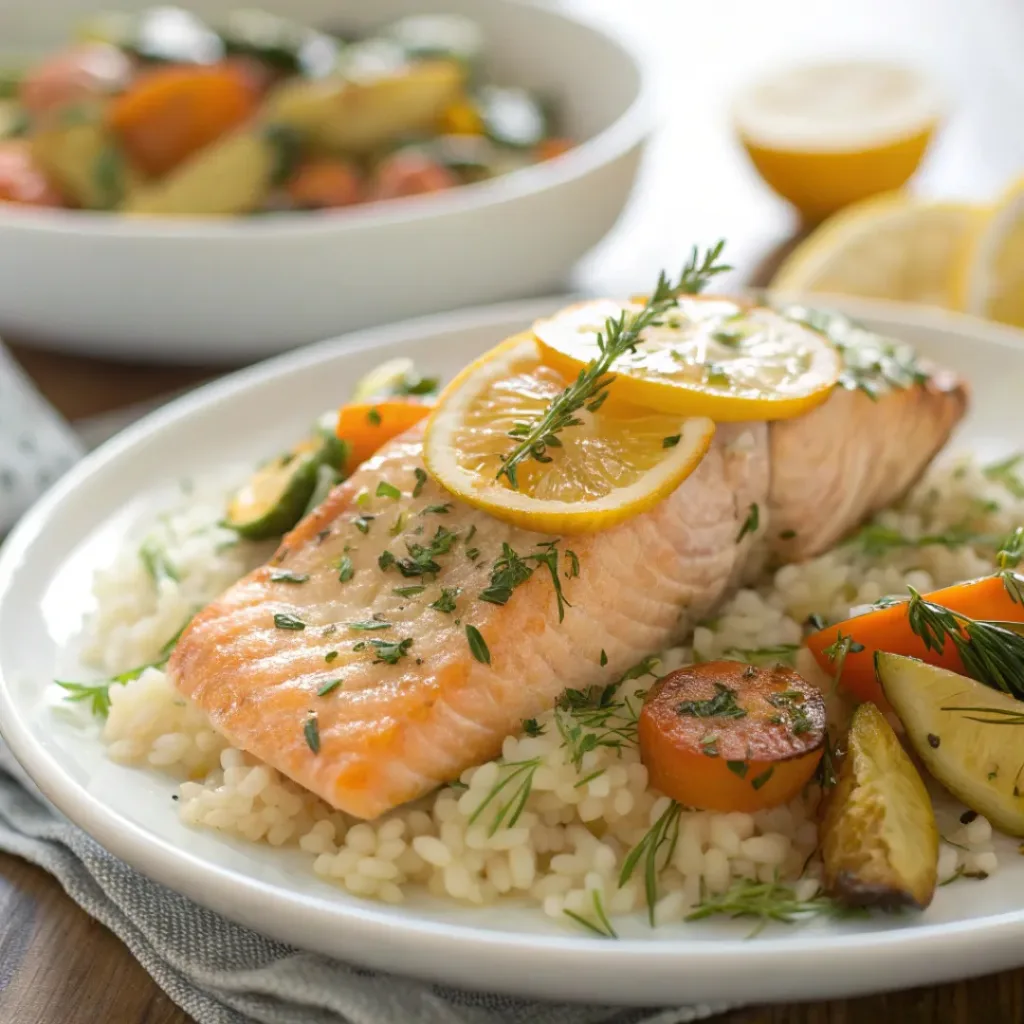 Baked Citrus Herb Salmon 8 Citrus herb salmon served with rice and roasted vegetables