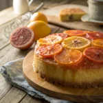 Upside down cake topped with caramelized citrus slices