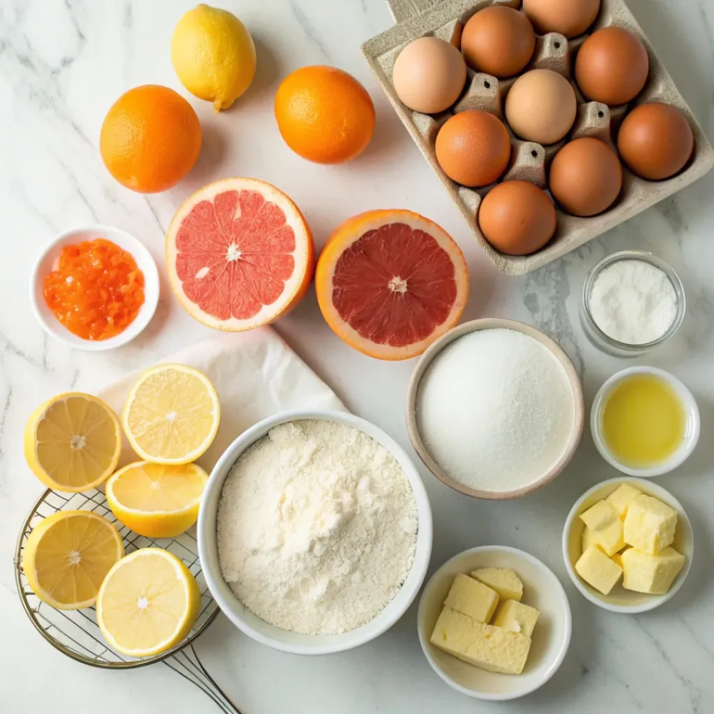 Flat lay of fresh citrus and baking ingredients for upside down cake