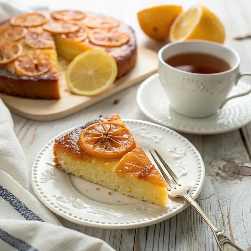 Slice of citrus upside down cake with caramelized fruit served on plate