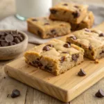 Close-up of golden brown classic blondies with chocolate chips