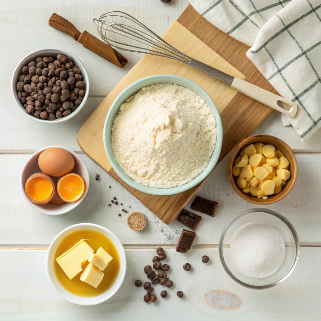 Flat lay of flour, brown sugar, butter, eggs, and chocolate chips for blondies