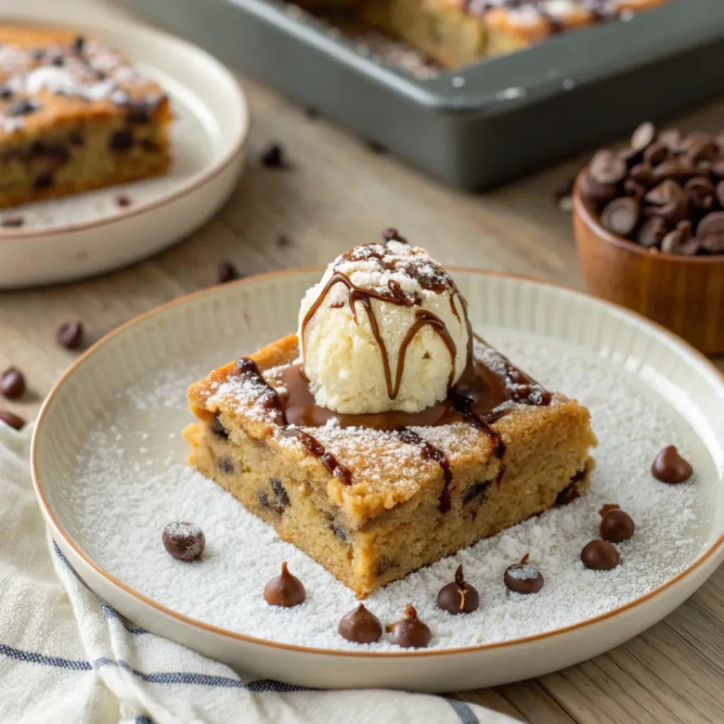 Plate of classic blondies with chocolate chips and vanilla ice cream