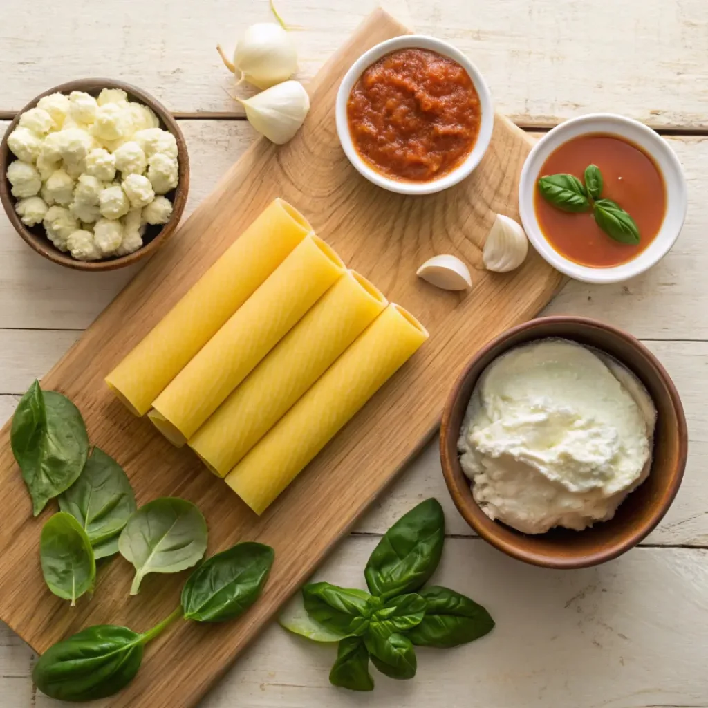 Baked Spinach and Ricotta Cannelloni – Easy Family Dinner 6 Flat lay of ingredients for classic cannelloni