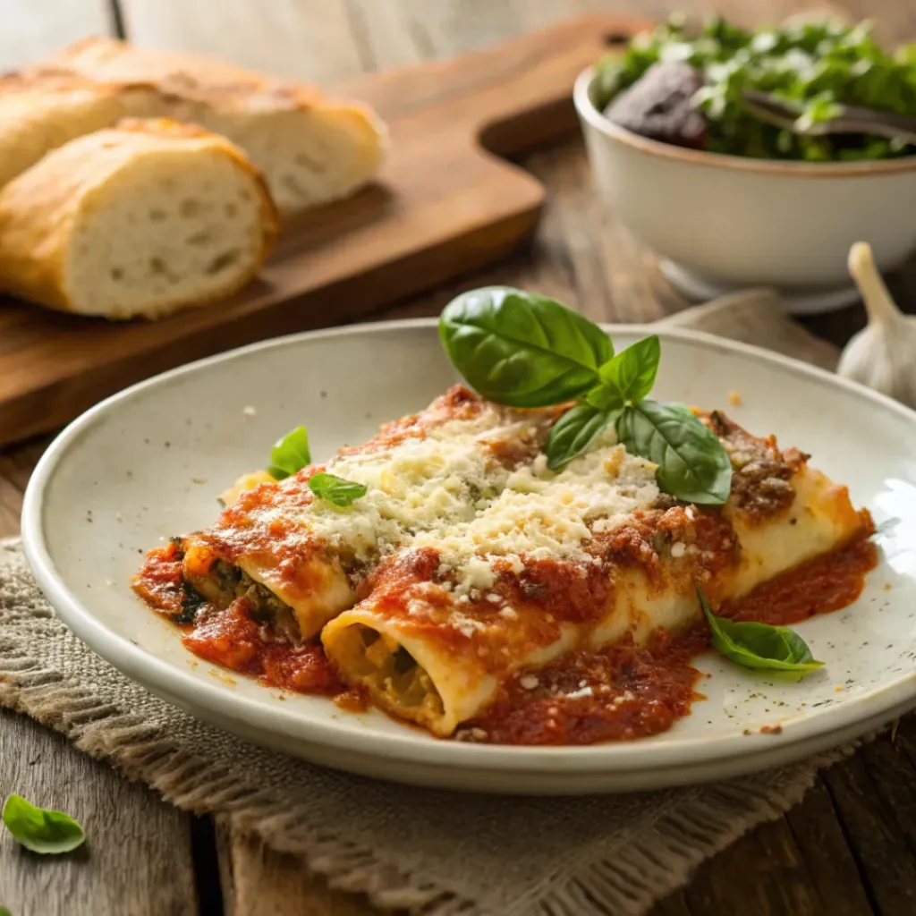 Baked Spinach and Ricotta Cannelloni – Easy Family Dinner 8 Plate of baked cannelloni with tomato sauce and basil
