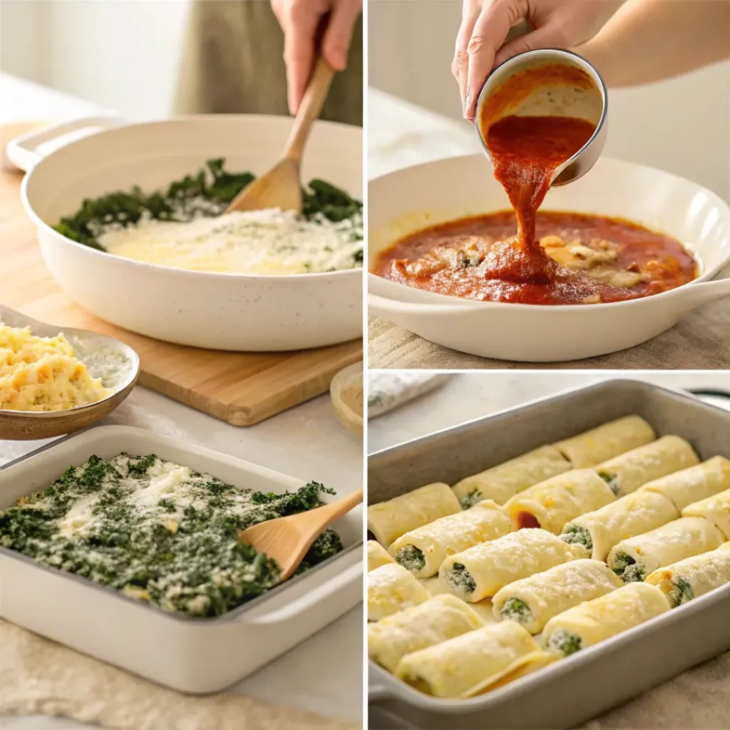 Baked Spinach and Ricotta Cannelloni – Easy Family Dinner 7 Step-by-step collage showing how to make cannelloni