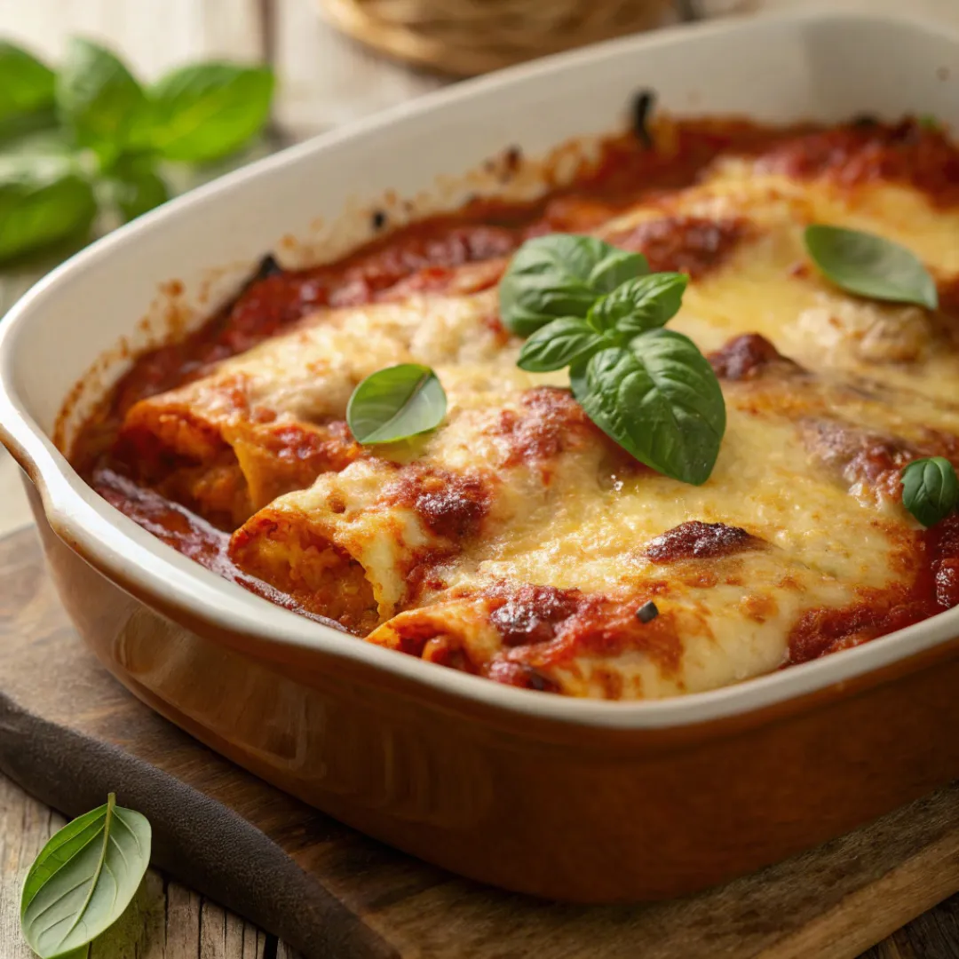 Baked cannelloni topped with melted cheese and tomato sauce