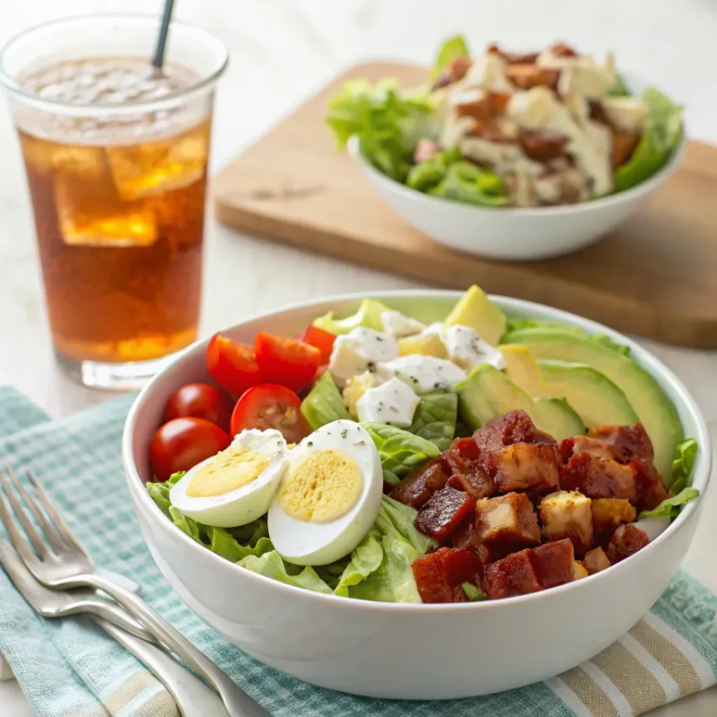 Cobb salad served in a bowl with colorful toppings