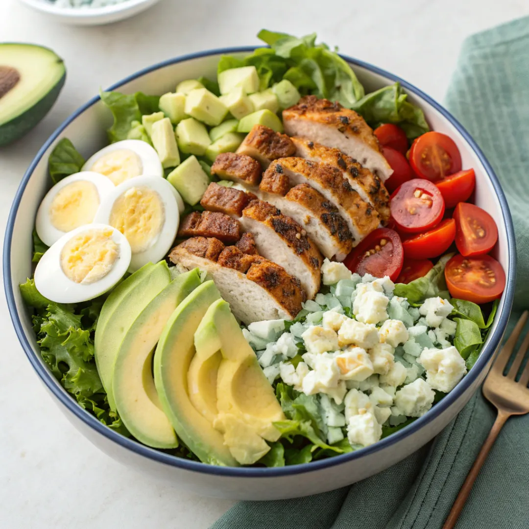 Fresh cobb salad bowl with chicken, avocado, eggs, tomatoes, and dressing