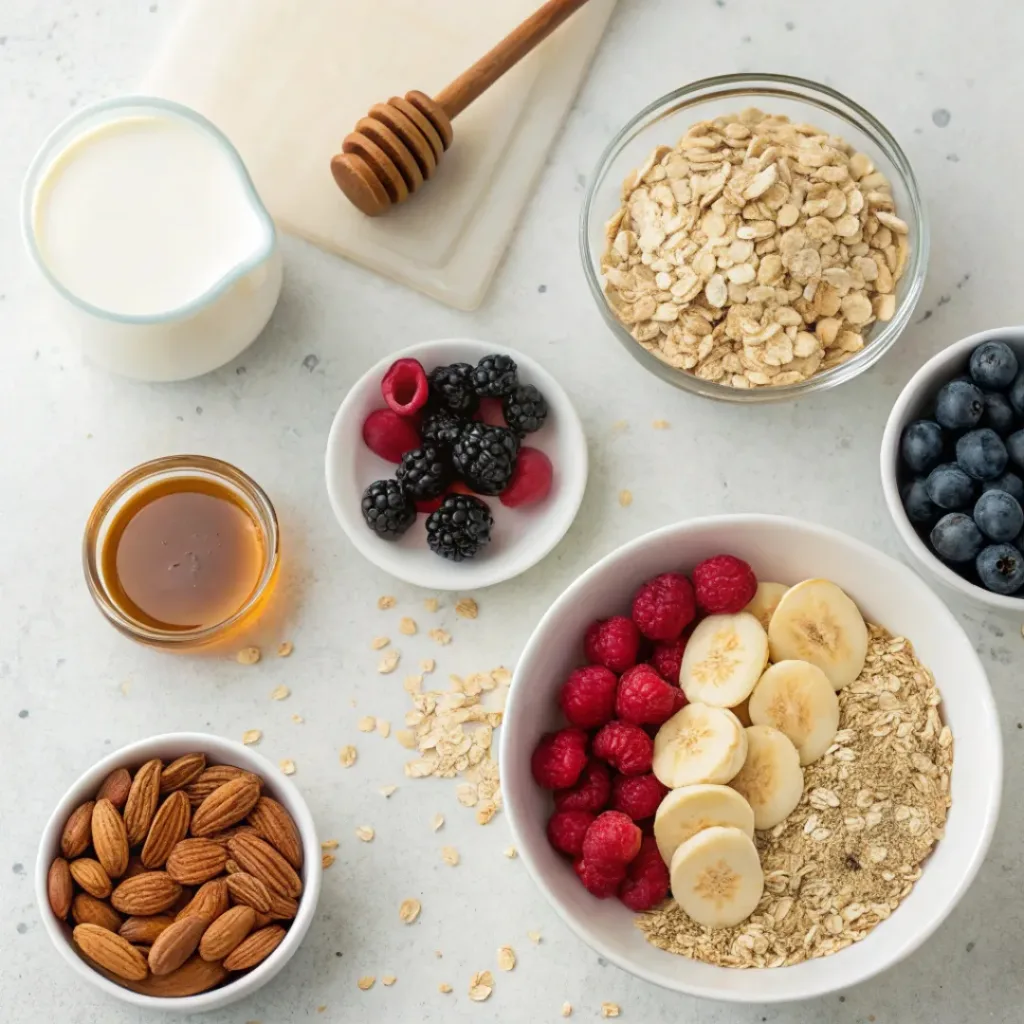 Flat lay of oats, milk, fruits, nuts, and sweeteners