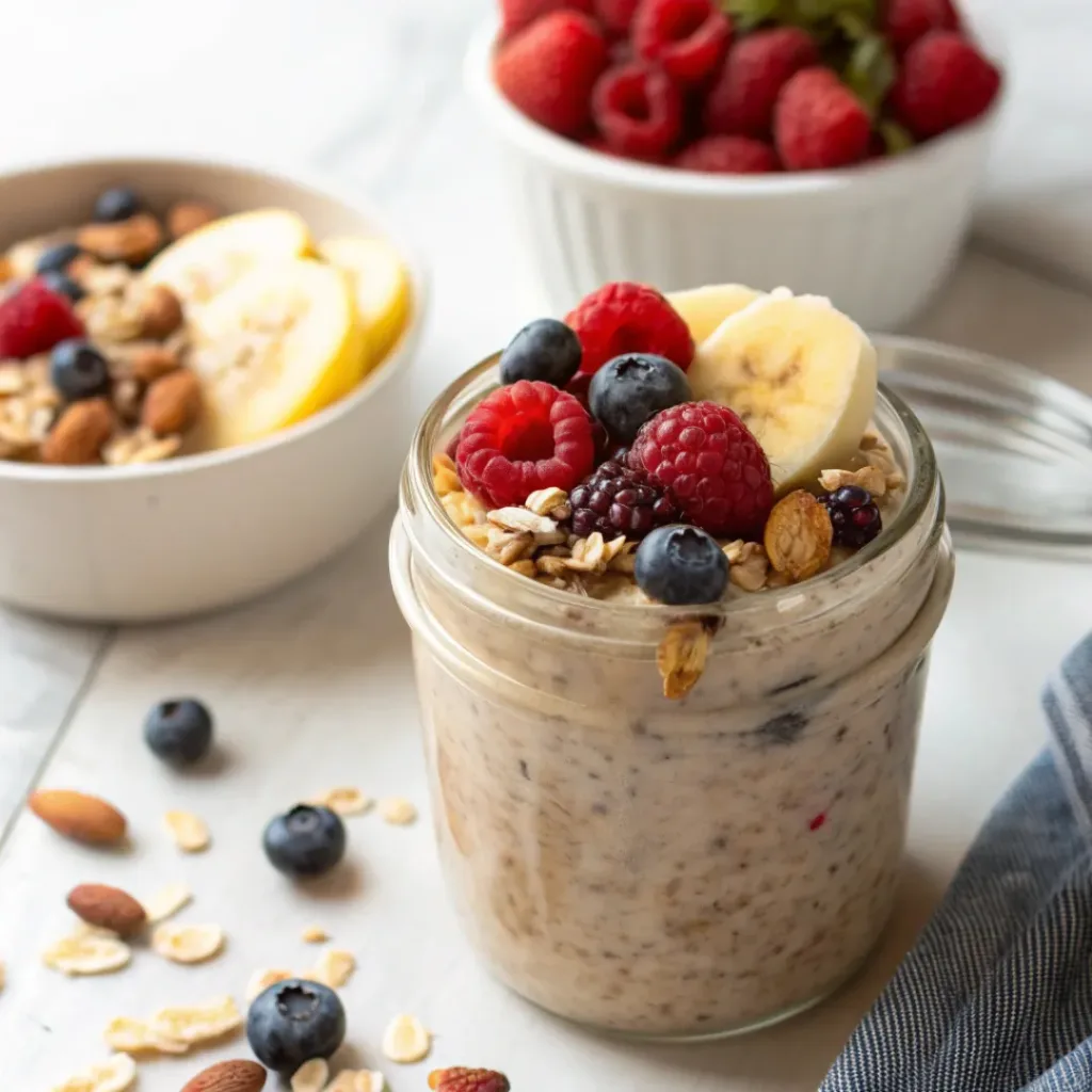 Overnight oats served with fresh fruits and nuts