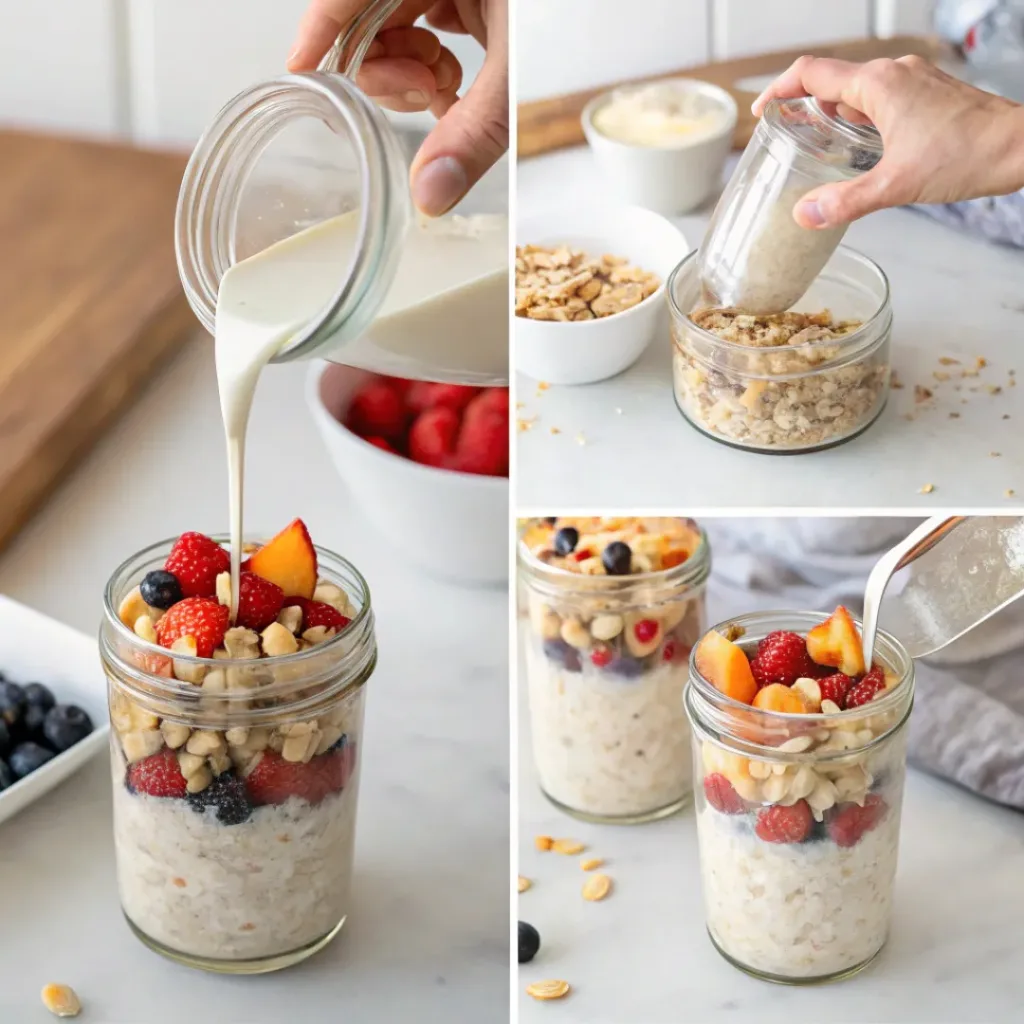 Collage showing steps to make overnight oats