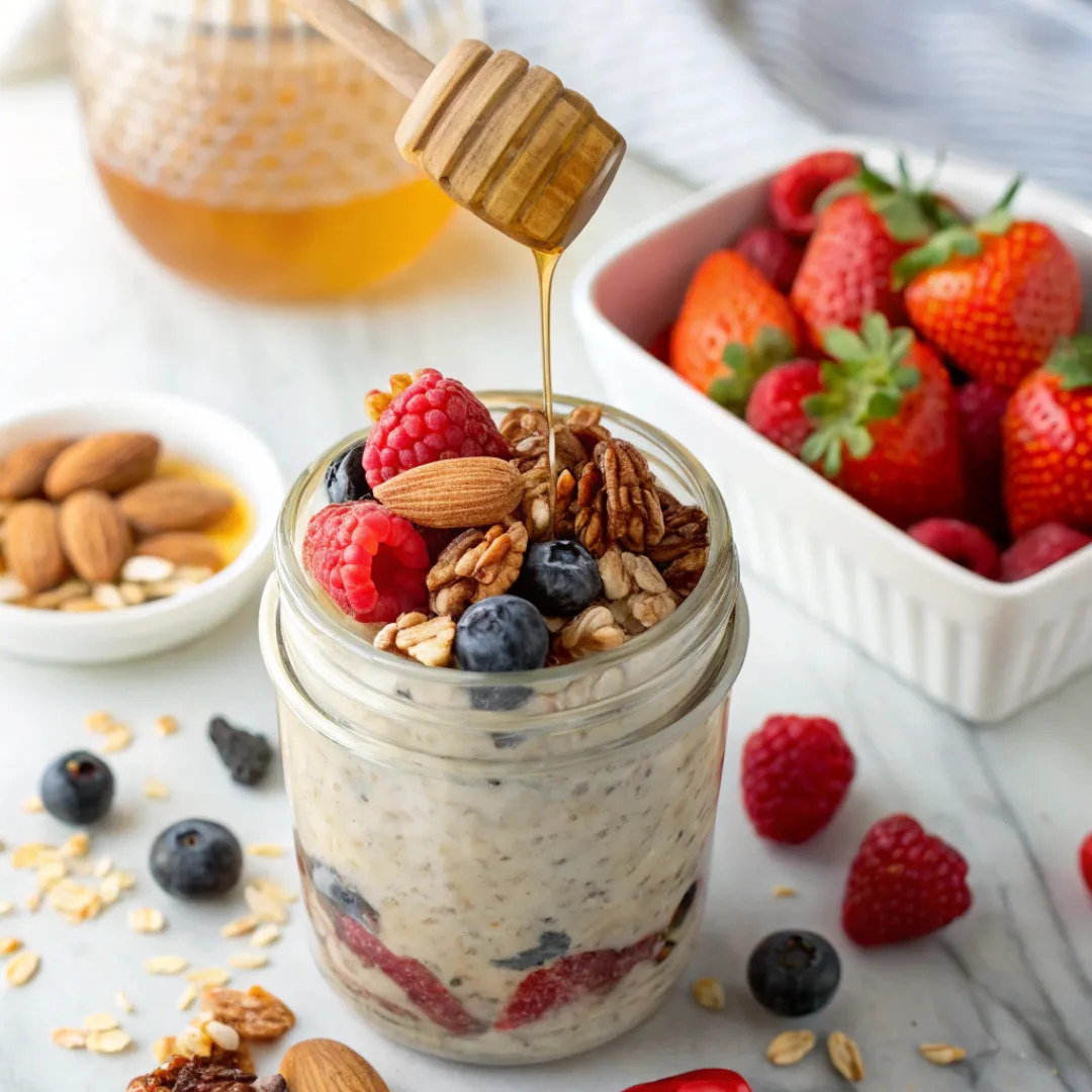 Jar of overnight oats topped with berries and nuts