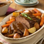 Tender classic pot roast with roasted vegetables and gravy