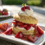 Strawberry shortcake with whipped cream and fresh strawberries on a plate