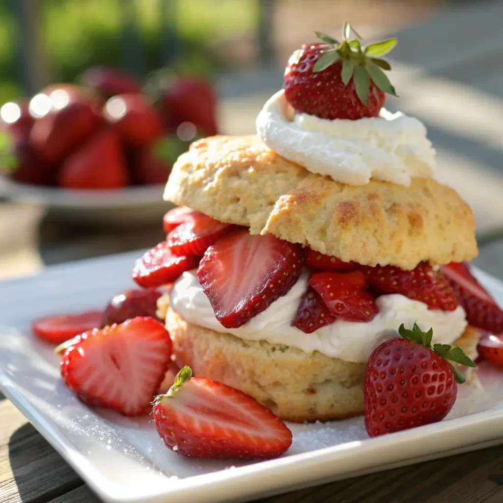 Fresh Strawberry Shortcake with Whipped Cream 8 Slice of strawberry shortcake served with a cup of tea
