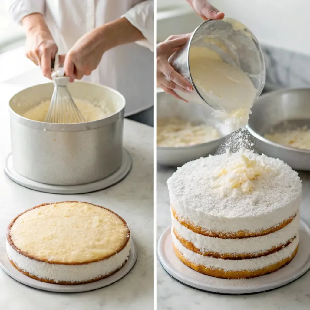Collage of steps to make Coconut Cake