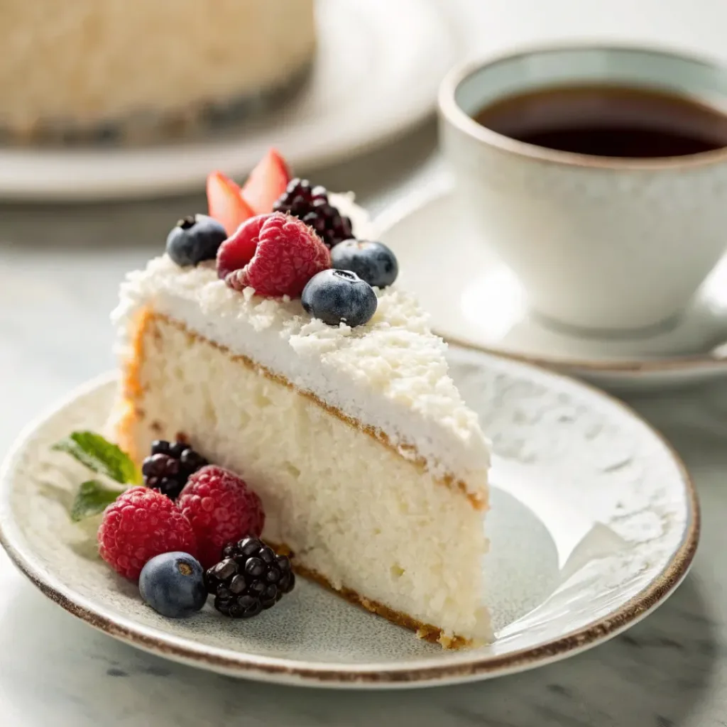 Slice of coconut cake served with berries or tea