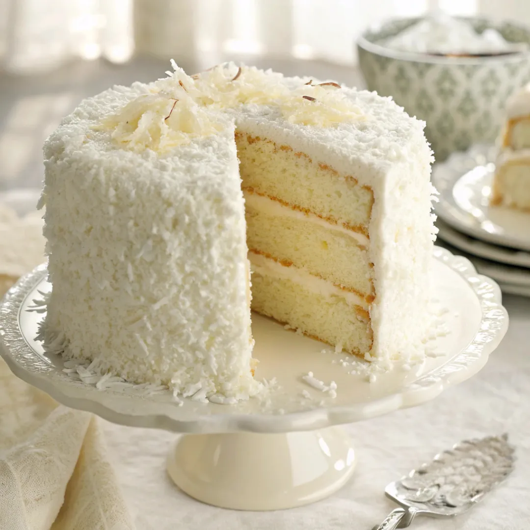 Fluffy coconut cake with coconut frosting
