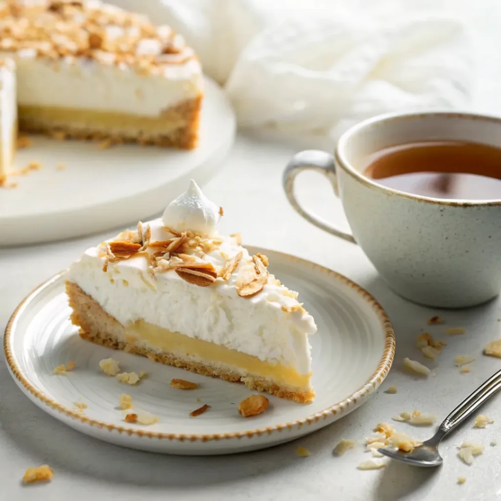 Slice of coconut cream pie served with a cup of tea