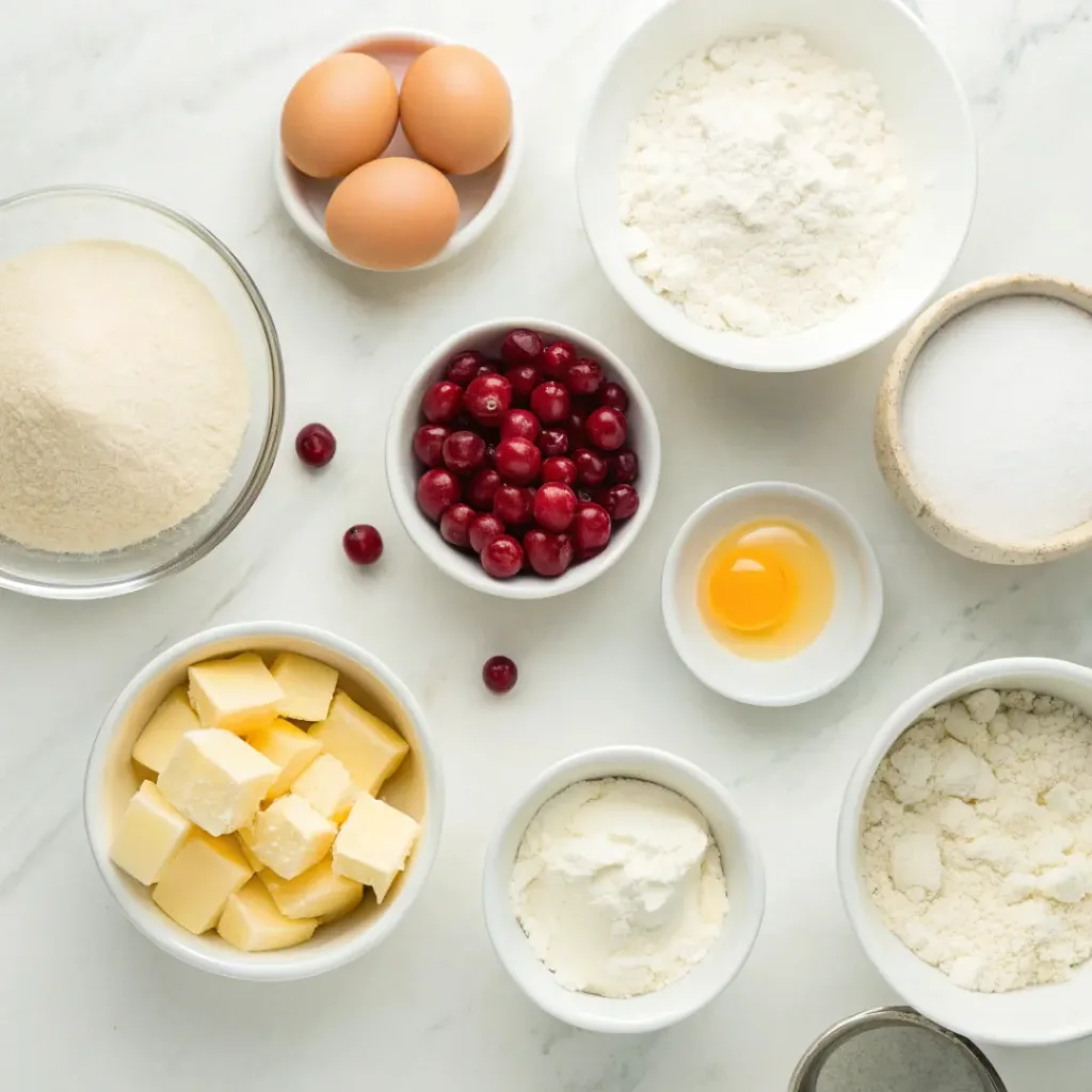 Flat lay of ingredients including flour, sugar, cranberries, eggs, butter, cream cheese, and white chocolate