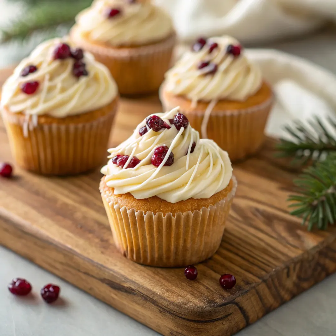 Frosted Cranberry Bliss Cupcakes topped with dried cranberries and white chocolate drizzle