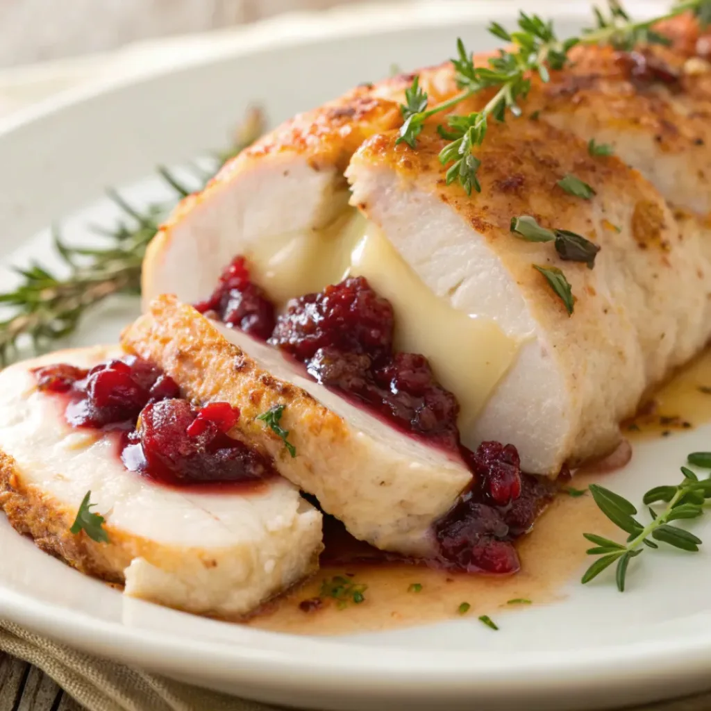 Sliced chicken breast stuffed with brie and cranberries