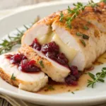 Sliced chicken breast stuffed with brie and cranberries