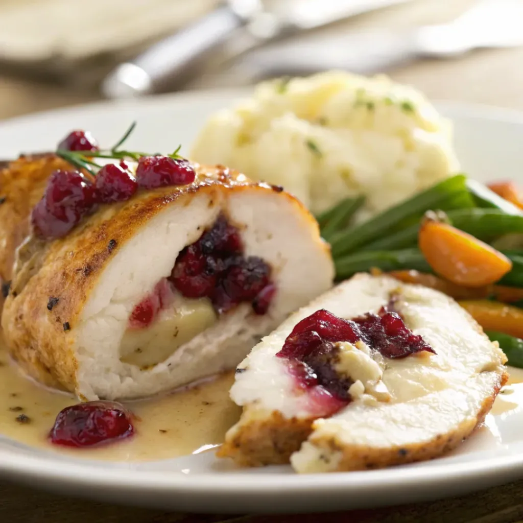 Cranberry Brie Stuffed Chicken served with roasted vegetables