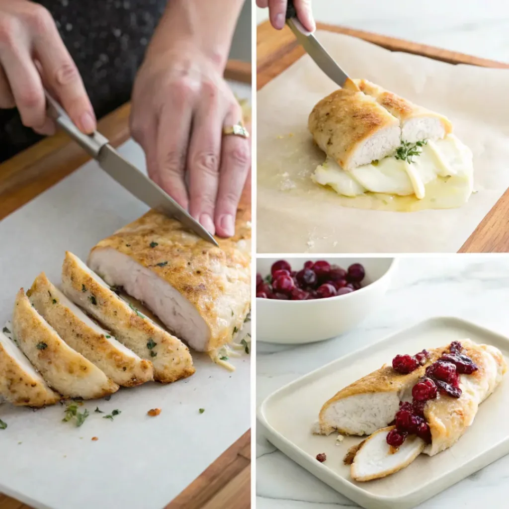 Collage showing steps to make Cranberry Brie Stuffed Chicken