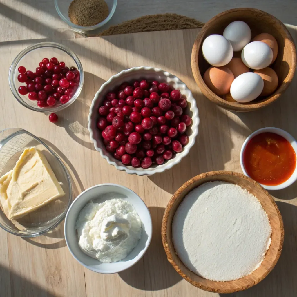 Easy Cranberry Mousse Pie 6 Flat lay of Cranberry Mousse Pie ingredients