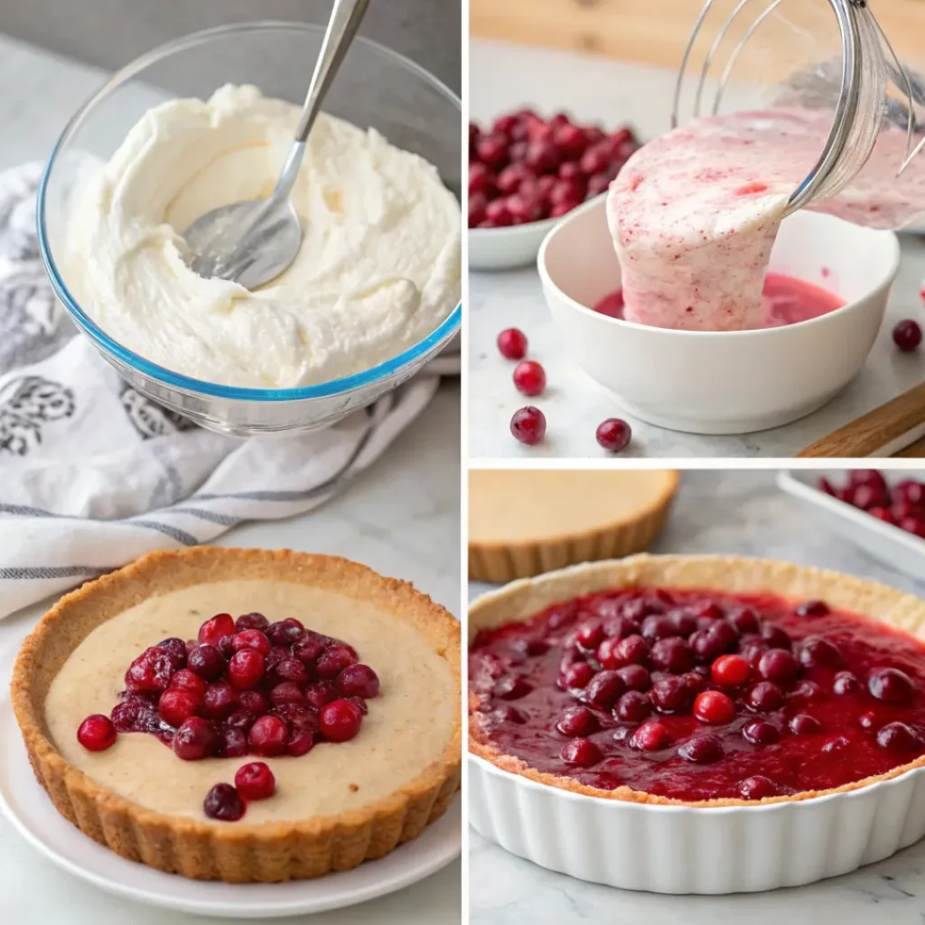 Easy Cranberry Mousse Pie 7 Collage of making Cranberry Mousse Pie