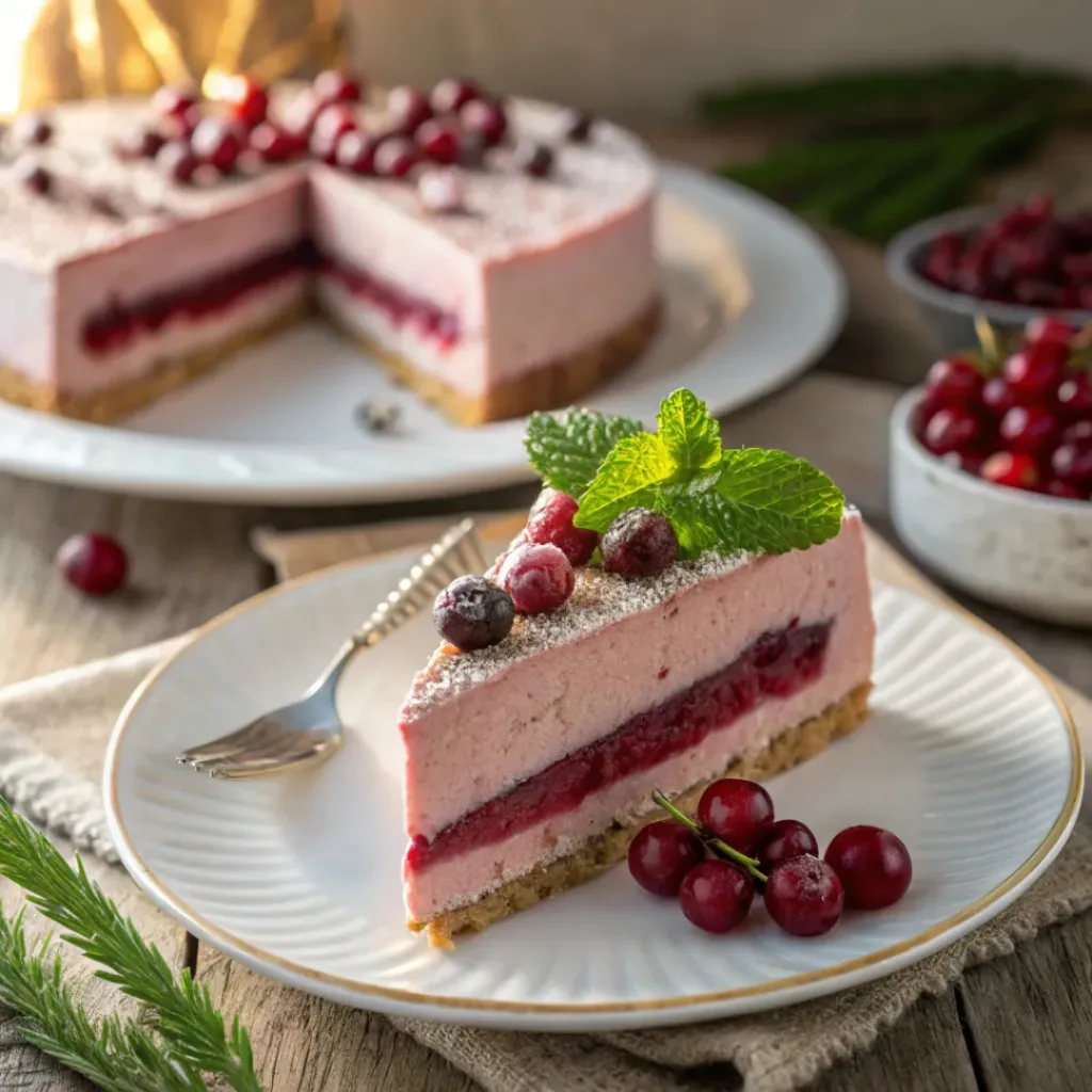 Easy Cranberry Mousse Pie 8 Slice of Cranberry Mousse Pie served on a plate