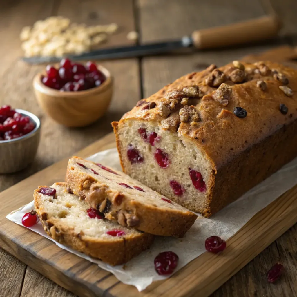 Sliced cranberry nut bread on a plate with cranberries and nuts
