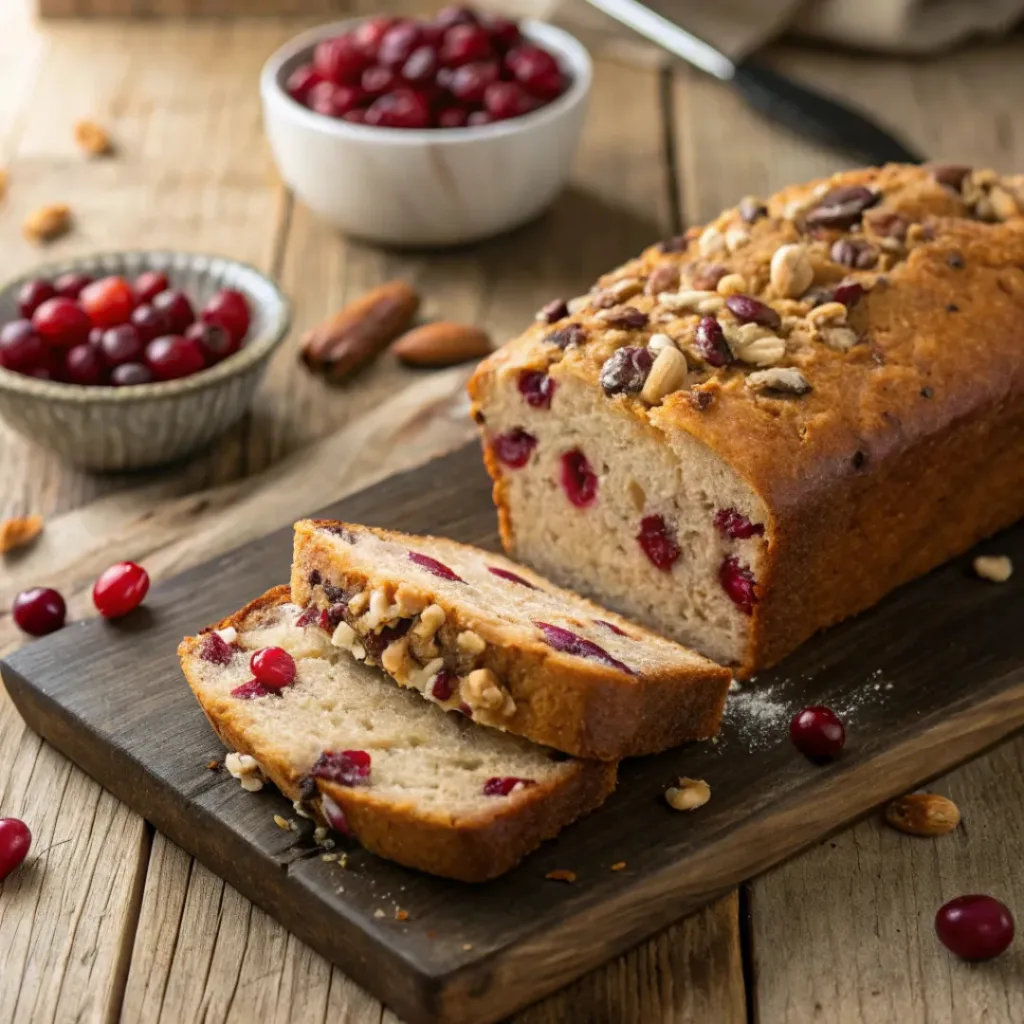 Moist Cranberry Nut Bread 8 Slices of Cranberry Nut Bread served with butter and cranberries