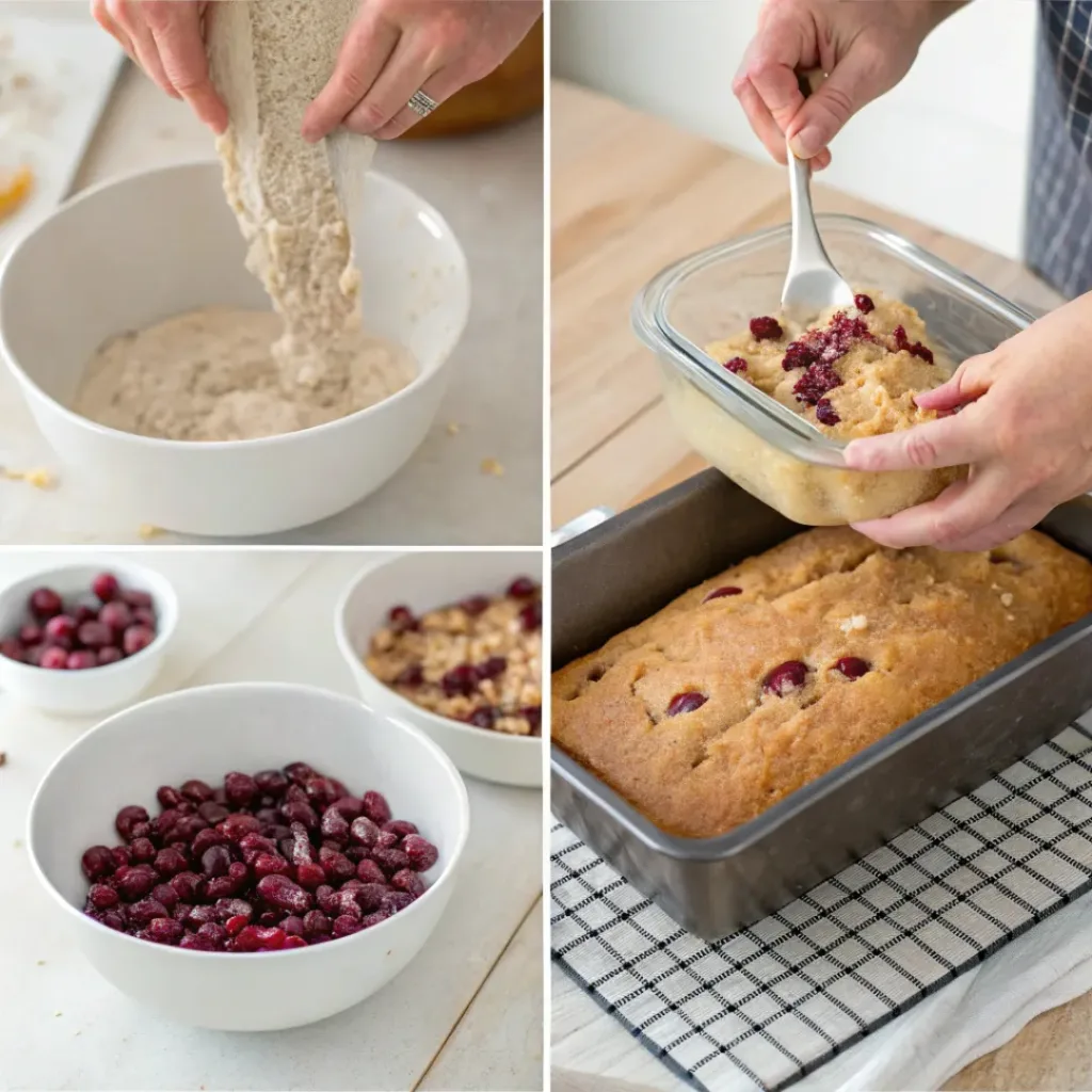 Moist Cranberry Nut Bread 7 Collage showing steps to make Cranberry Nut Bread