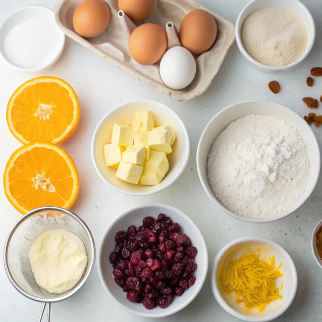 Flat lay of cranberries, orange zest, flour, butter, and sugar