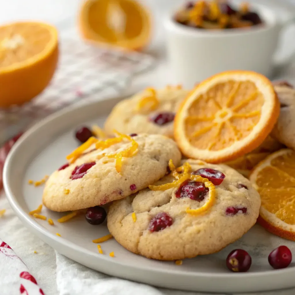 Cranberry orange cookies served with tea and fresh orange slices