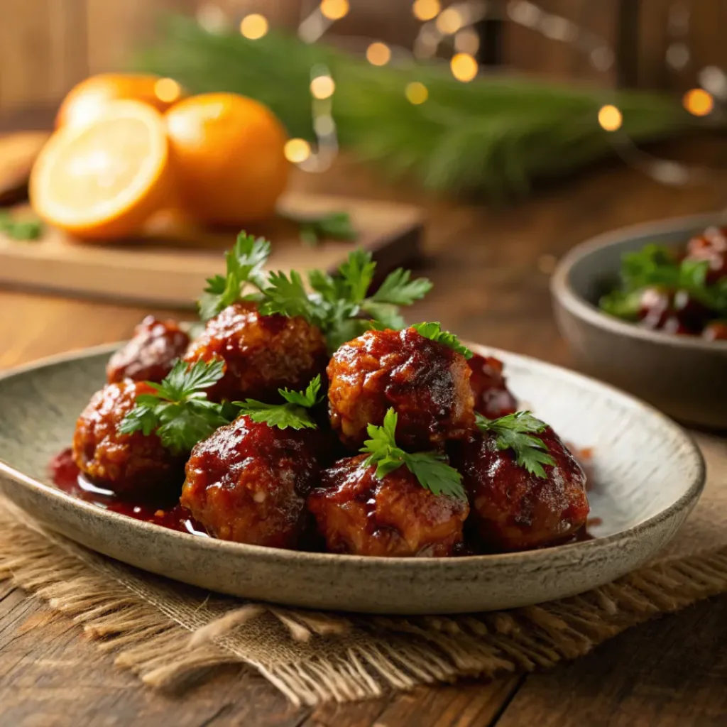 Plate of Cranberry Orange Meatballs garnished with parsley