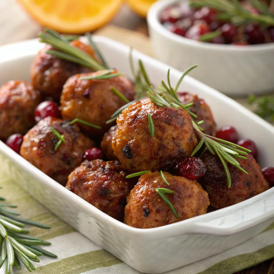 Served Cranberry Orange Meatballs on festive table