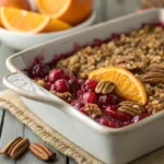 Close-up of Cranberry Orange Pecan Crisp in a baking dish