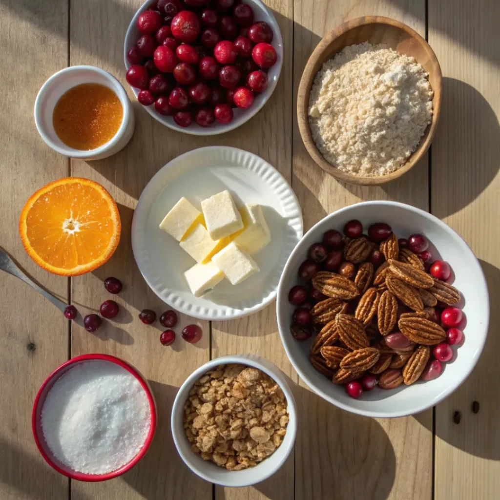 Flat lay of Cranberry Orange Pecan Crisp ingredients