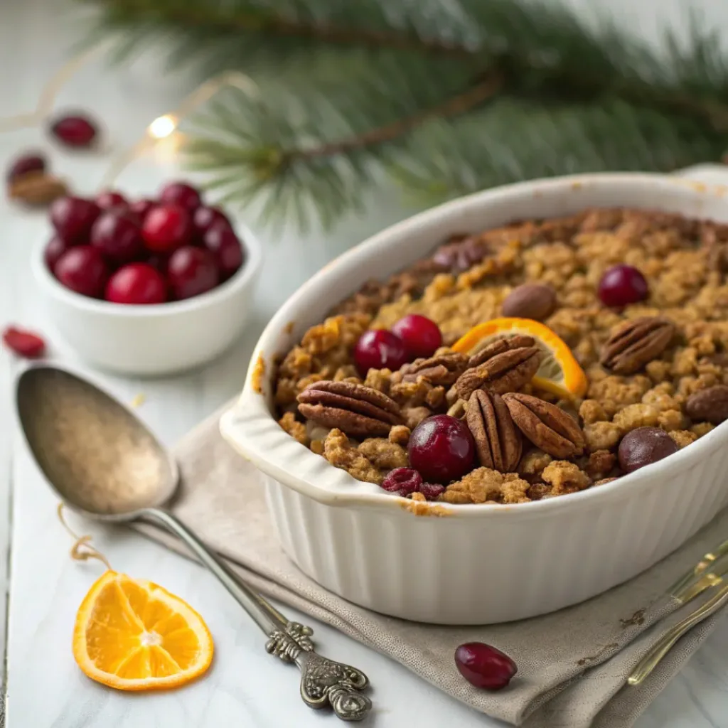 Served Cranberry Orange Pecan Crisp in rustic dish